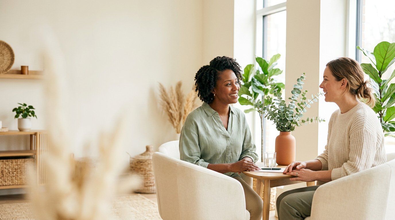 A clinician listening with care to a patient in a bright consultation room